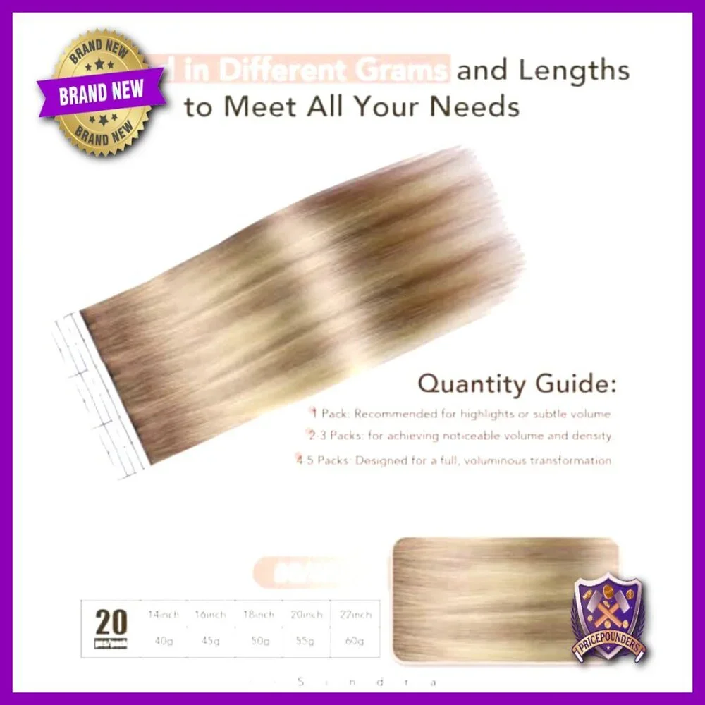 16 Inch Human Hair Tape-In Extensions, 45g 20pcs, Invisible Seamless Blend